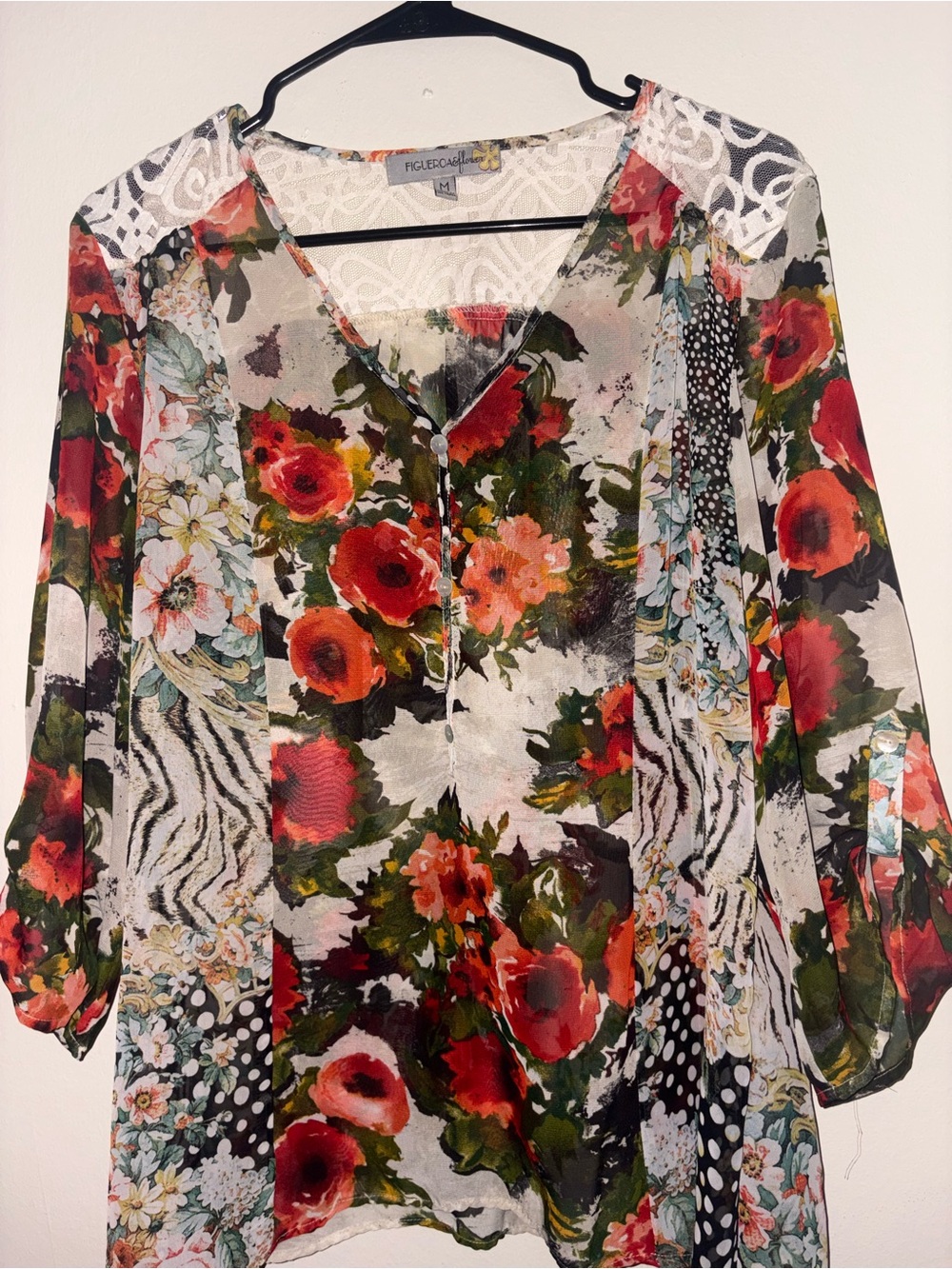 Figueroa & Flower M Boho Floral Patchwork Lace Back 3/4 Sleeve Blouse